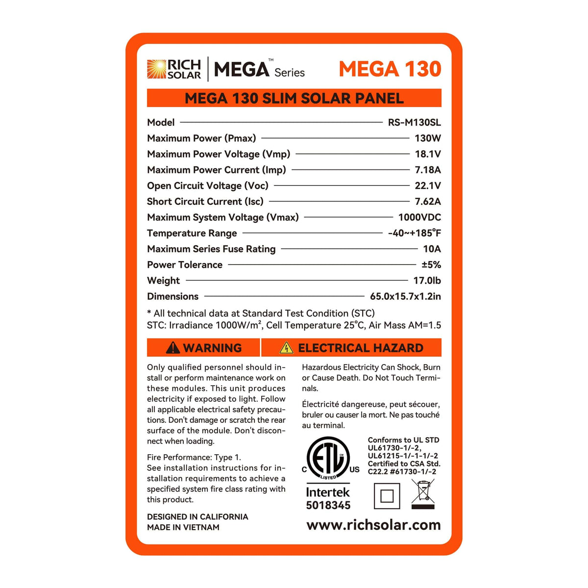 RICH SOLAR | MEGA 130 SLIM | 130W 12V Compact Solar Panel | UL Certified Rigid Solar Panels RICH SOLAR