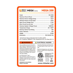 RICH SOLAR MEGA 200 | 200 Watt Solar Panel | Premier 12V Off-Grid Solar Panel for RVs Cabins, Boats | 25-Year Output Warranty | UL Certified Rigid Solar Panels RICH SOLAR