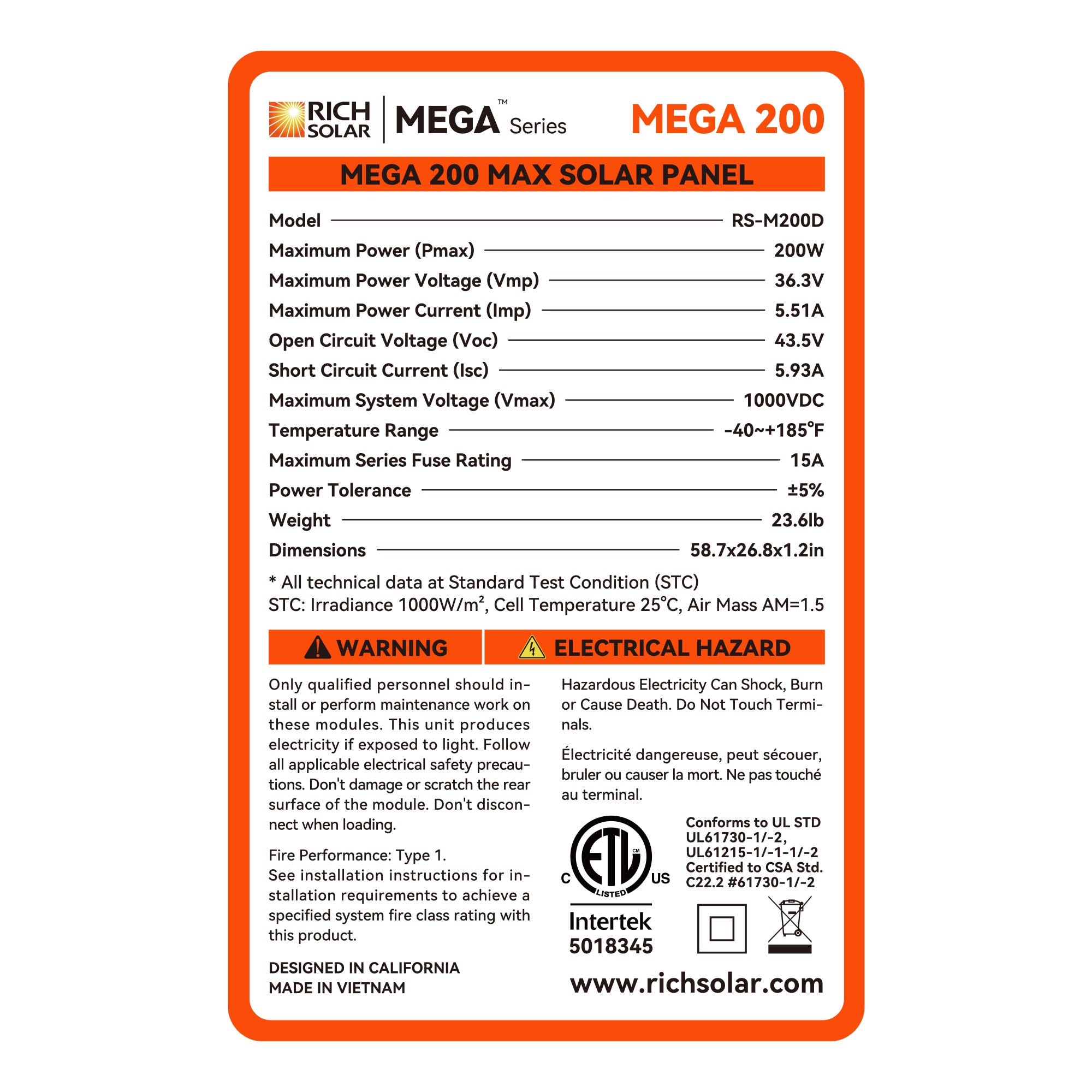 RICH SOLAR | MEGA 200 MAX | 200 Watt 24 Volt Solar Panel | Premium 24V Off-Grid Solar Panel for RVs, Trailers, Cabins | 25-Year Output Warranty | UL Certified Rigid Solar Panels Rich Solar