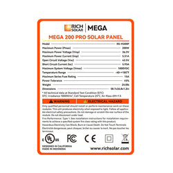 RICH SOLAR MEGA 200 PRO | 200 Watt 24 Volt Solar Panel | Premium 24V Off-Grid Solar Panel for RVs, Trailers, Cabins | 25-Year Output Warranty | UL Certified