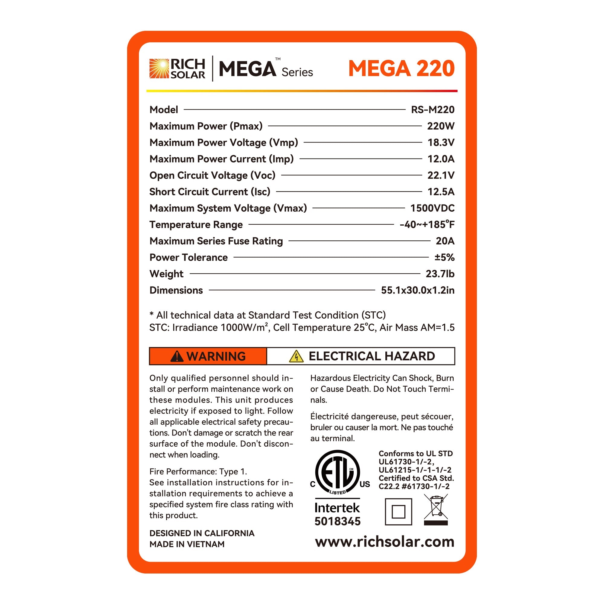 RICH SOLAR | MEGA 220 | 220W 12V Off-Grid Solar Panel | 25-Year Warranty | UL Certified Rigid Solar Panels Rich Solar