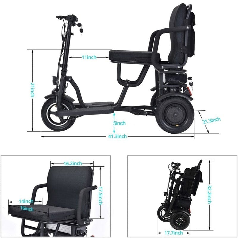 MotoTec Folding Mobility Electric Trike 48v 700w Dual Motor Lithium Black Electric Trikes / Mobility MotoTec