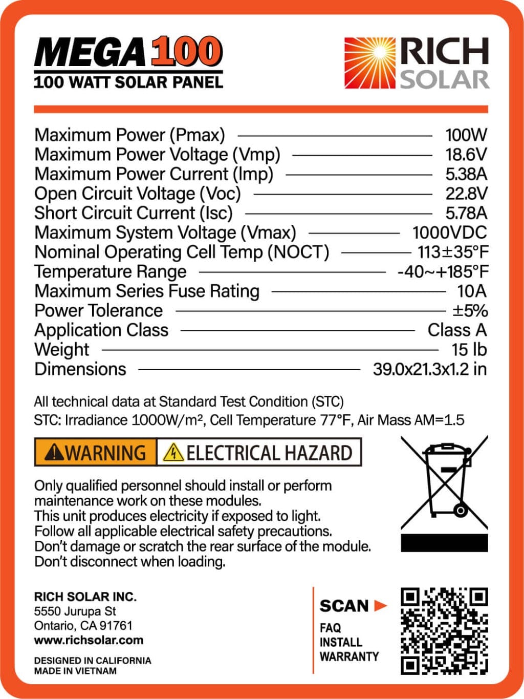 RICH SOLAR MEGA 100 | 100 Watt Solar Panel | Premier 12V Off-Grid Solar Panel for Vans, Campers, Boats | 25-Year Output Warranty | UL Certified Rigid Solar Panels RICH SOLAR