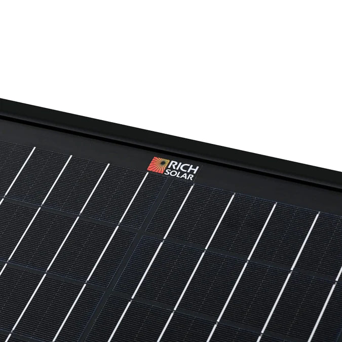Close-up of the logo on the Mega 200 Watt Portable Solar Panel Briefcase
