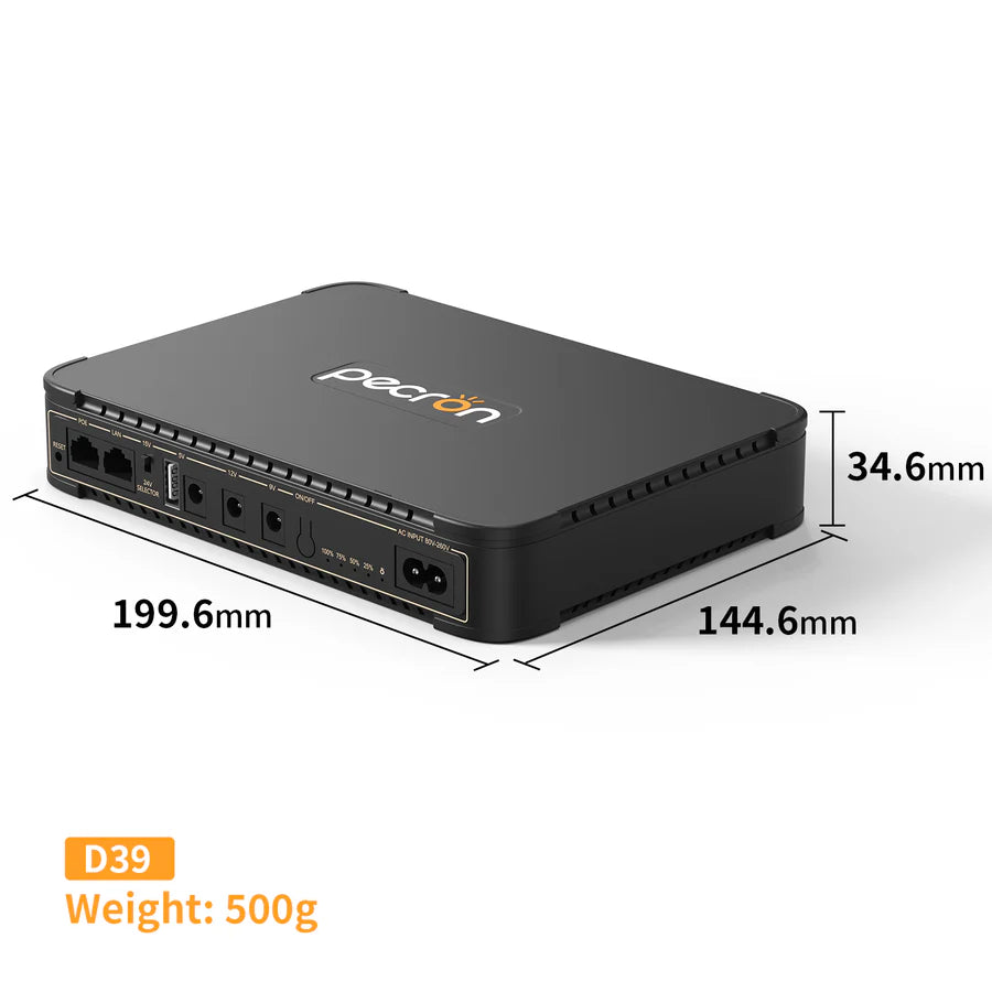 Pecron D39 DC UPS Battery Backup, 38.48Wh Small UPS for WiFi Router/Modem/Security Camera/Phone, With PoE Port, 5V/9V/12V