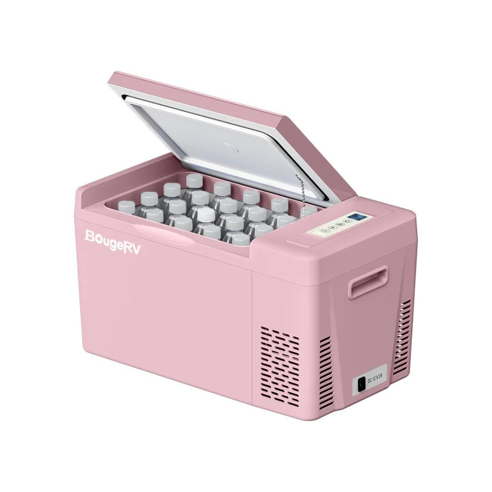 Pink BougeRV 12V 23 Quart Portable Fridge Filled With Water Bottle
