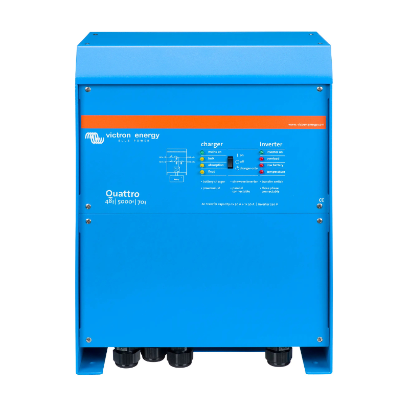 Victron Quattro 48V 5000VA Inverter/Charger – 70A Charging, Dual 100A AC Inputs, 120V Output (QUA485021100)