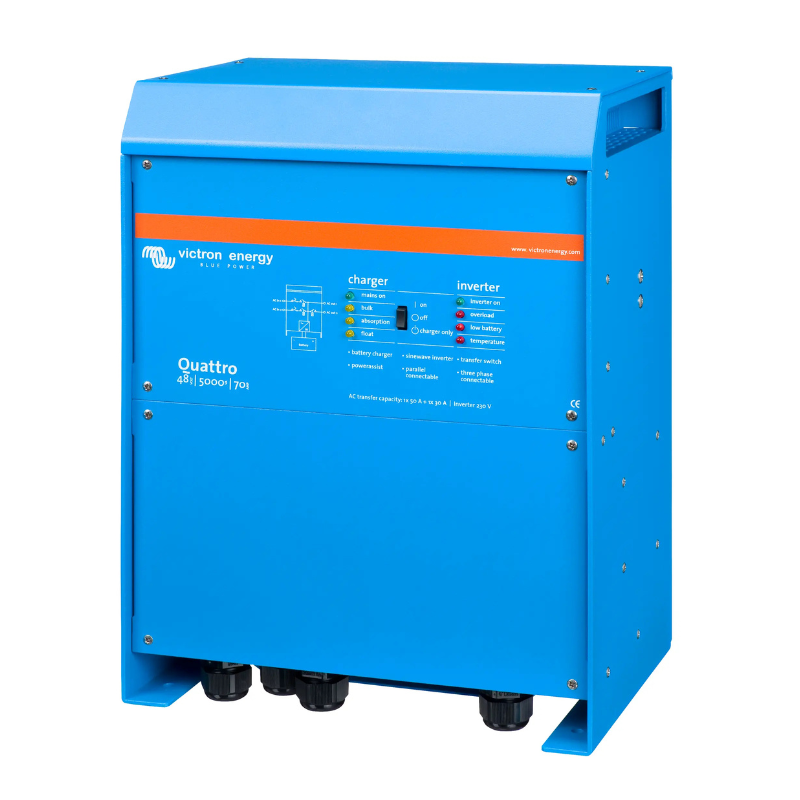 Victron Quattro 48V 5000VA Inverter/Charger – 70A Charging, Dual 100A AC Inputs, 120V Output (QUA485021100)