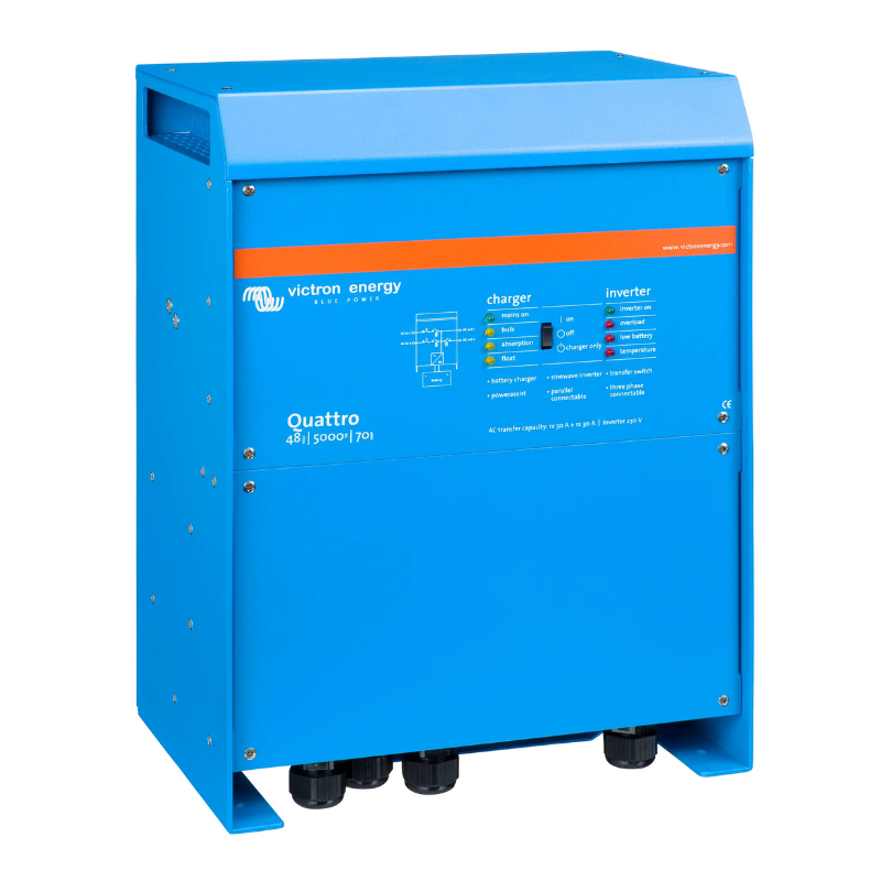 Victron Quattro 48V 5000VA Inverter/Charger – 70A Charging, Dual 100A AC Inputs, 120V Output (QUA485021100)