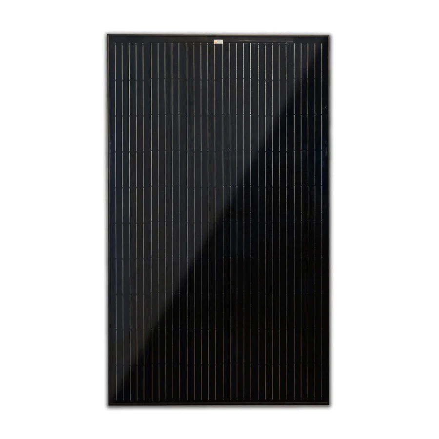 Front view of RICH SOLAR MEGA 335 solar panel with black cells and aluminum frame.