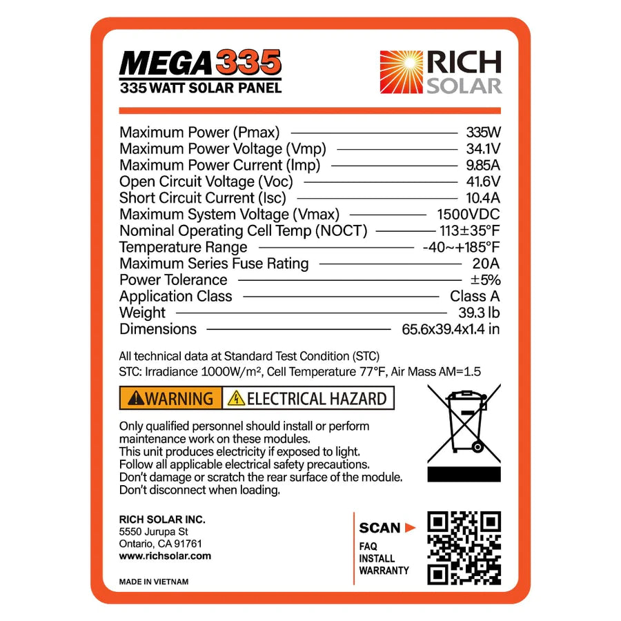 Image labeling the parts of the RICH SOLAR MEGA 335 Watt 24 Volt Solar Panel system specs
