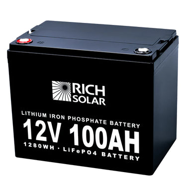 Tilted Front View of RICH SOLAR 100Ah Lithium Iron Phosphate Battery