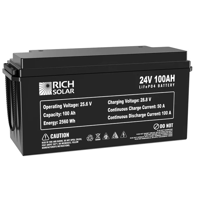 RICH SOLAR 24V 100Ah Lithium Iron Phosphate Battery Tilted Left Back View