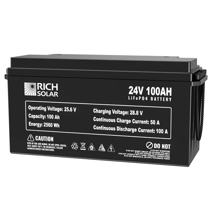 RICH SOLAR 24V 100Ah Lithium Iron Phosphate Battery Tilted Right Back View