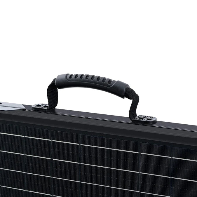 Detailed view of the durable handle on the RICHSOLAR Mega 100/200W Briefcase Portable Solar Charging Kit