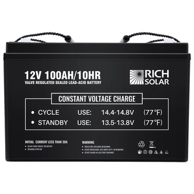 Front view of RICH SOLAR 12V 100Ah Deep Cycle AGM Battery