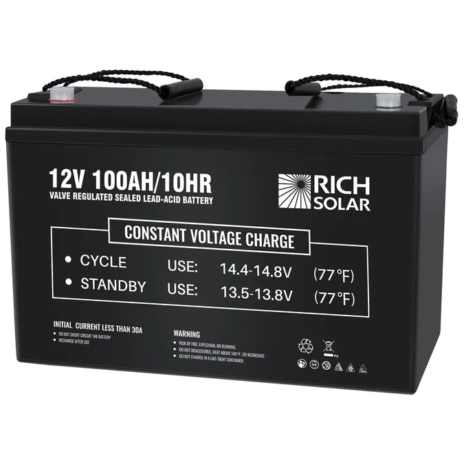 RICH SOLAR 12V 100Ah Deep Cycle AGM Battery angled slightly to the left.