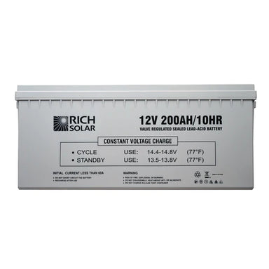 Front view of RICH SOLAR 12V 200Ah Deep Cycle AGM Battery in Gray