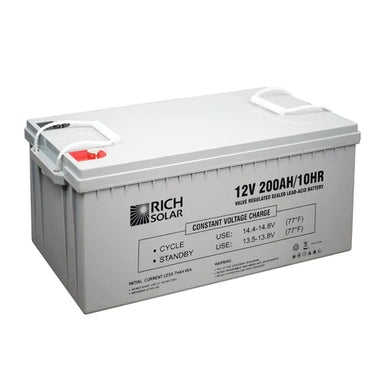 RICH SOLAR 12V 200Ah Deep Cycle AGM Battery in Gray with a right tilt