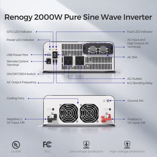 Renogy 2000W 12V Pure Sine Wave Inverter with UPS Transfer Switch and Built-in Bluetooth Inverters Renogy