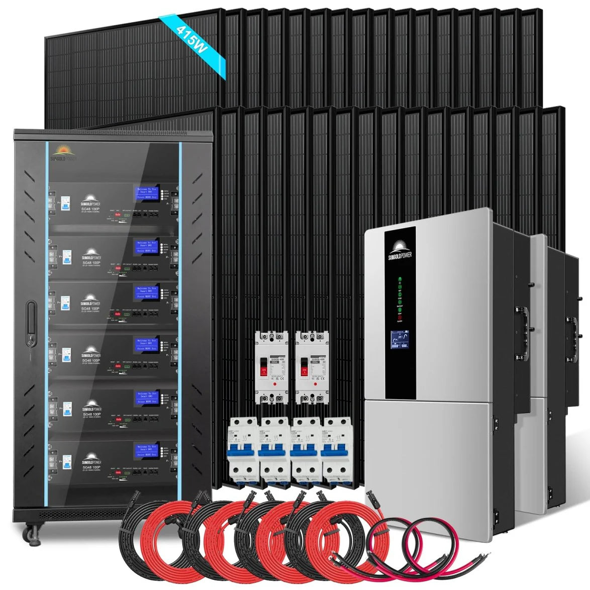 Sungold Power Hybrid Solar Kit 15.2KW 48V Split Phase 30.72 KWH Lithium Battery 32 X 415 Watt Solar Panel