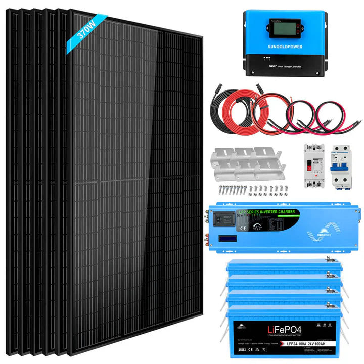 Sungold Power Off-Grid Solar Kit 6000W 24VDC 120V/240V LiFePO4 10.24KWH Lithium Battery 6 X 370 Watt Solar Panels
