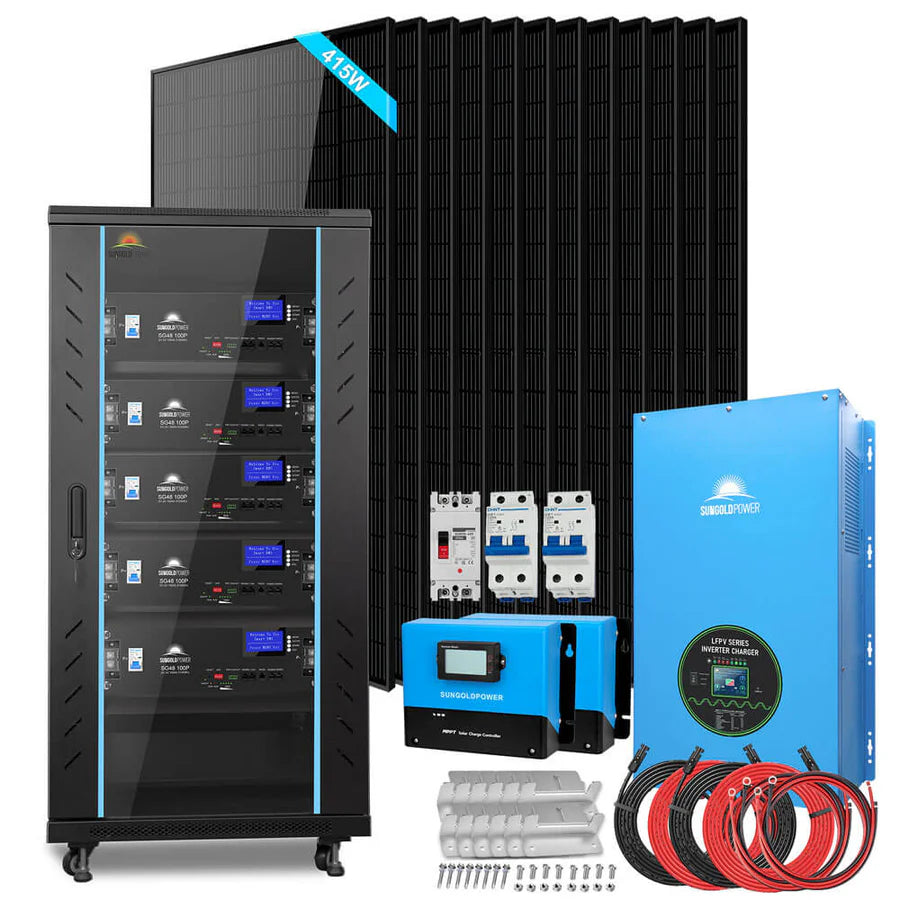 Sungold Power Off-Grid Solar Kit 12000W 48VDC 120V/240V LifePo4 25.6KWH Lithium Battery 12 X 415 Watts Solar Panels