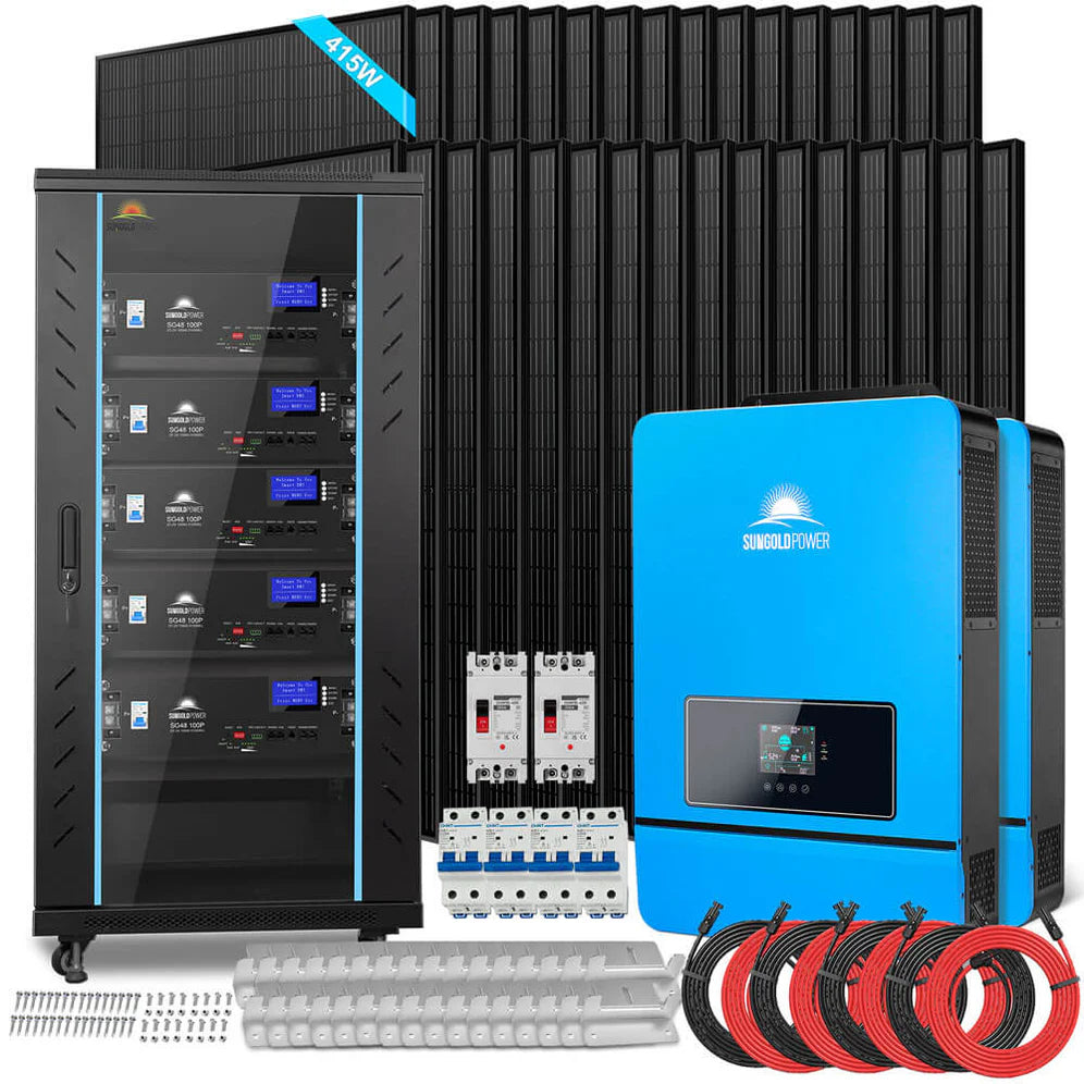 Sungold Power | Off Grid Solar Kit | 16KW 48VDC 120V/240V | LiFePO4 25.6kWh Lithium Battery | 32 x 415 Watts Solar Panels | SGR-16K25E