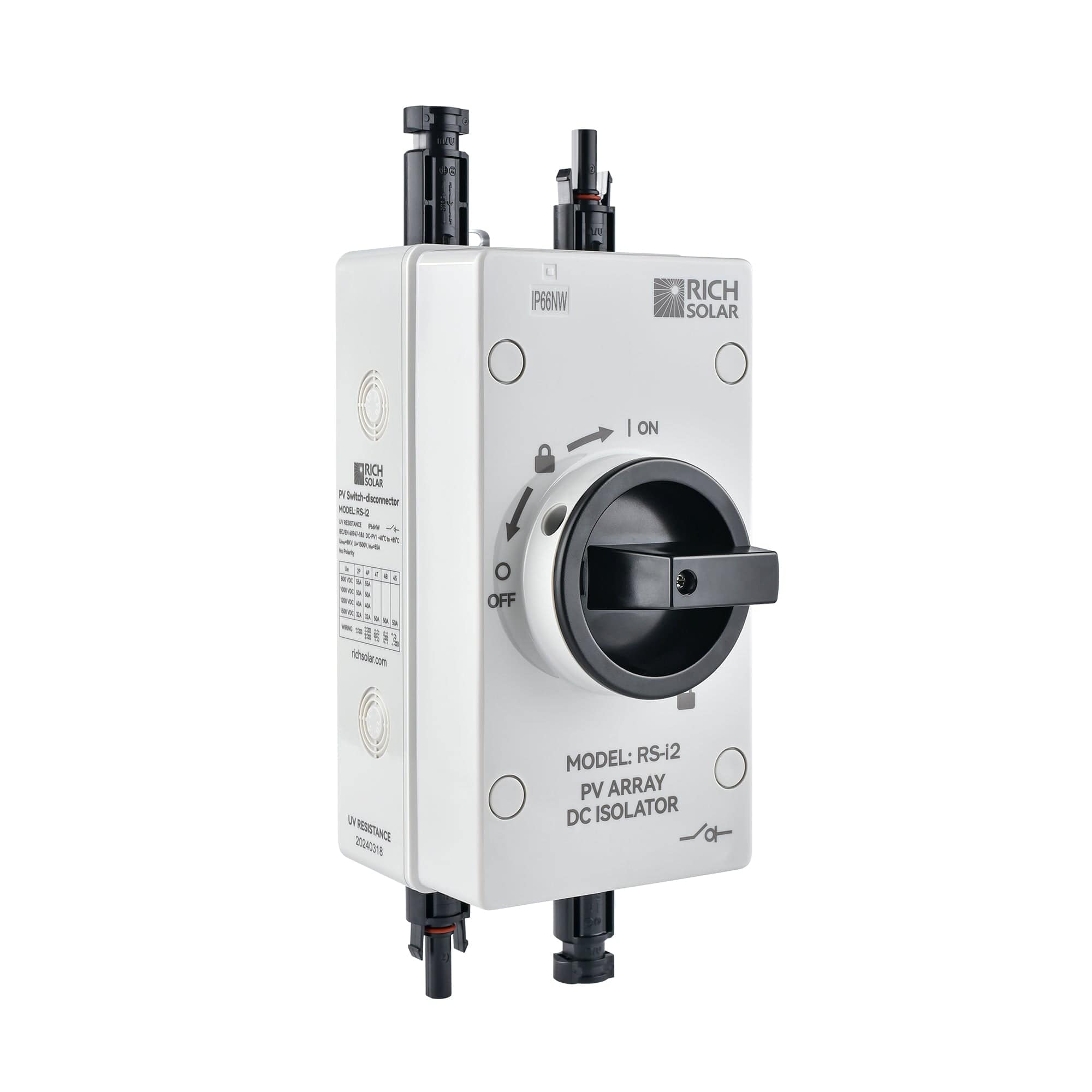 RICH SOLAR Solar PV DC Quick Disconnect Switch | Solar Array DC Quick Disconnect Switch | 1500 Volt 32 Amp | 2 Pole 1 String | Easy to Install RICH SOLAR