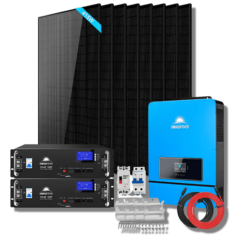 Sungold Power Off-Grid Solar Kit 8000W 48VDC 120V/240V LifePo4 10.24KWH Lithium Battery 8 X 415 Watts Solar Panels | SGR-8K10E Solar Kits SunGoldPower