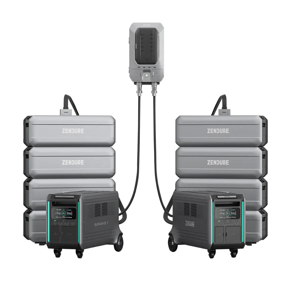 Two Zendure SuperBase V Power Station With Eight Satellite Batteries Connected Together With Home Panel With EV Outlets