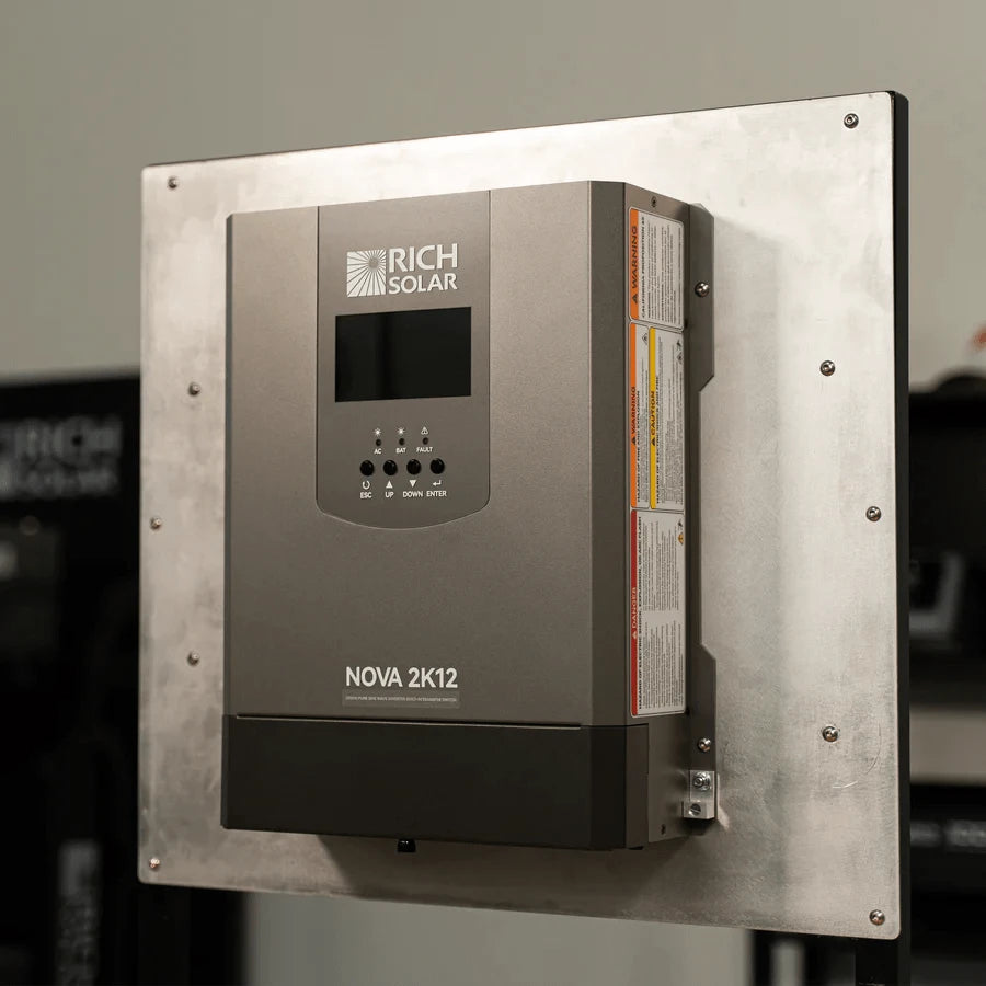 Rich Solar NOVA 2K12 solar inverter mounted on a metal plate