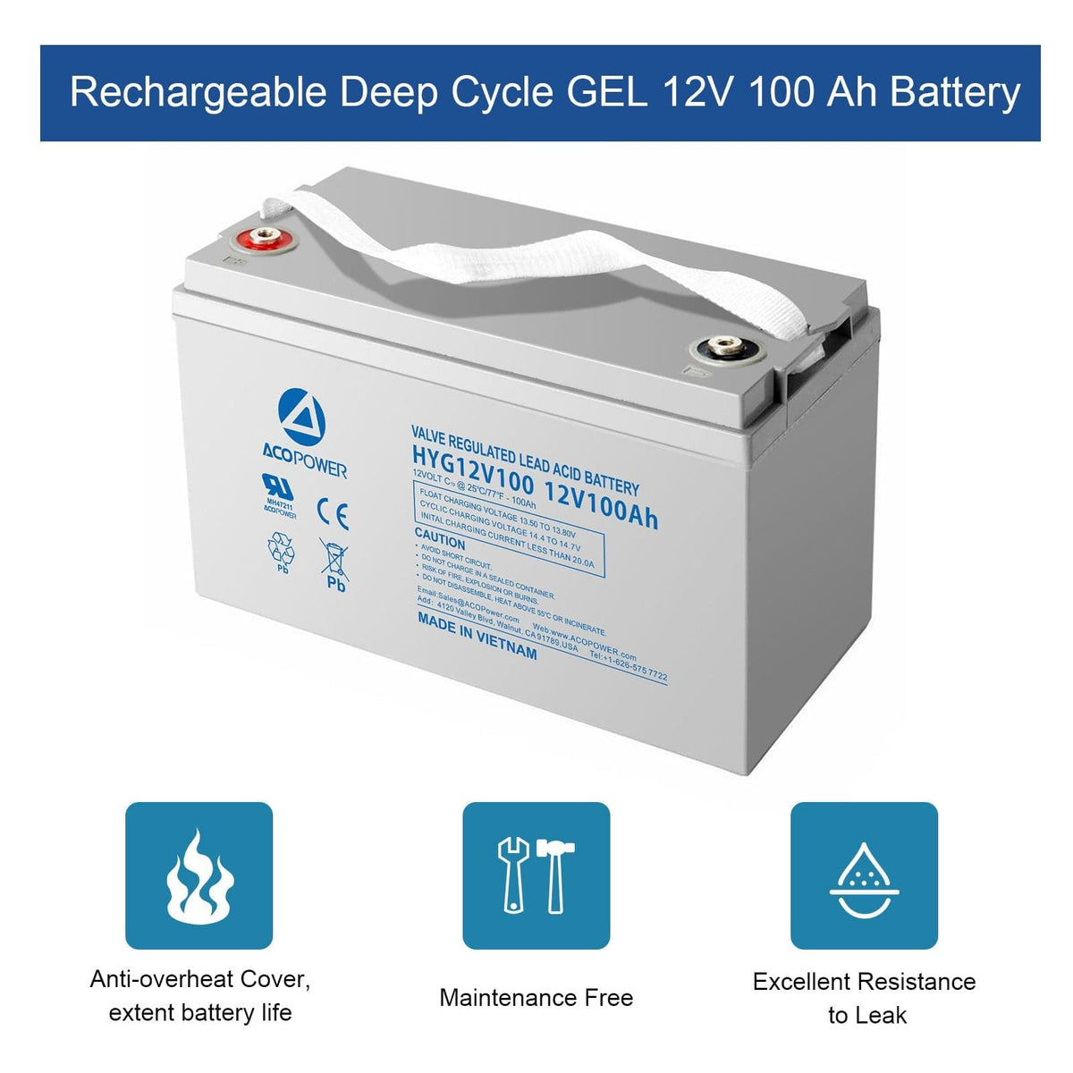 ACOPOWER 12-100Ah Rechargeable Gel Deep Cycle 12V 100 Ah Battery with Button Style Terminals Batteries Acopower