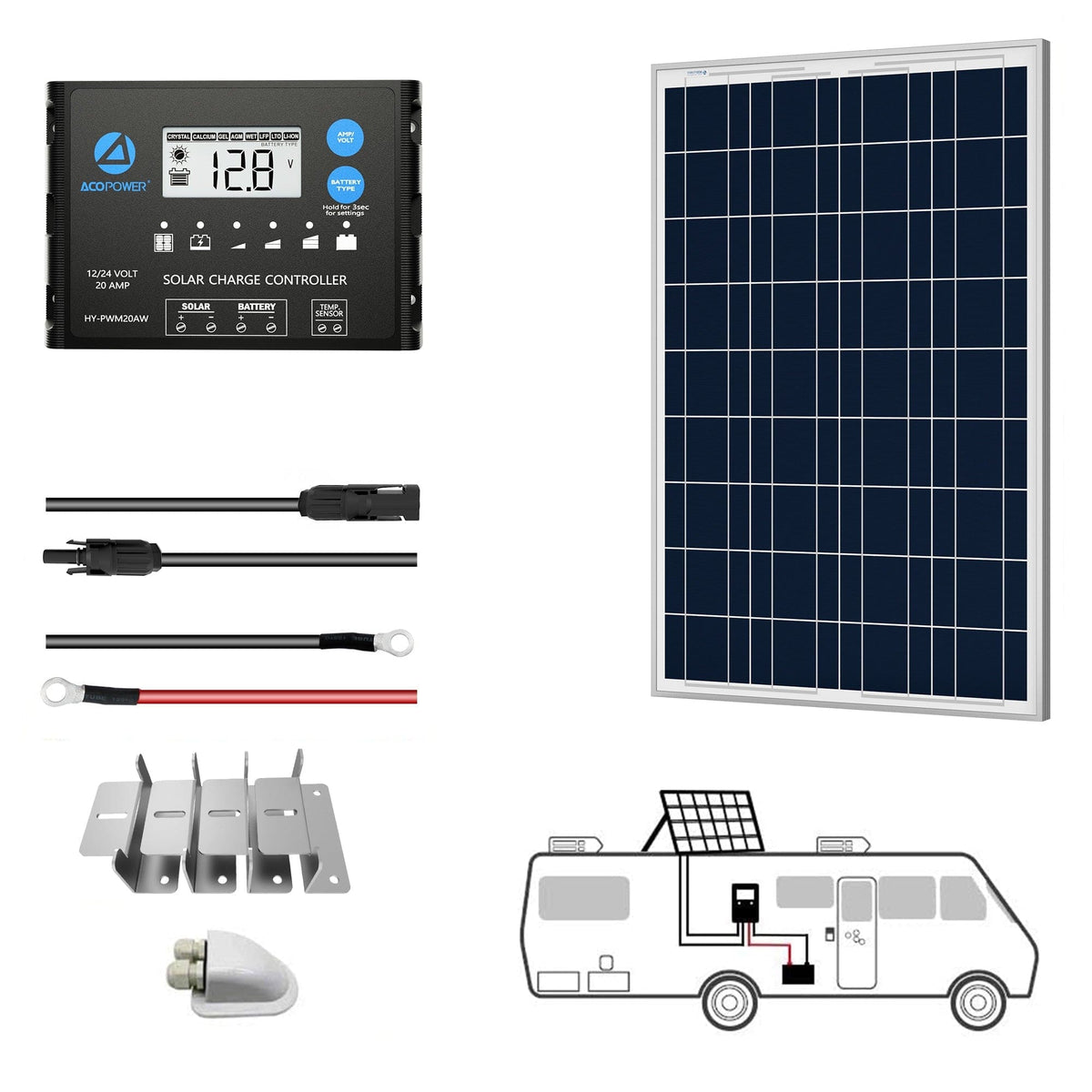 ACOPOWER 100W 12V Poly Solar RV Kits, 20A PWM Charge Controller Solar Kits Acopower