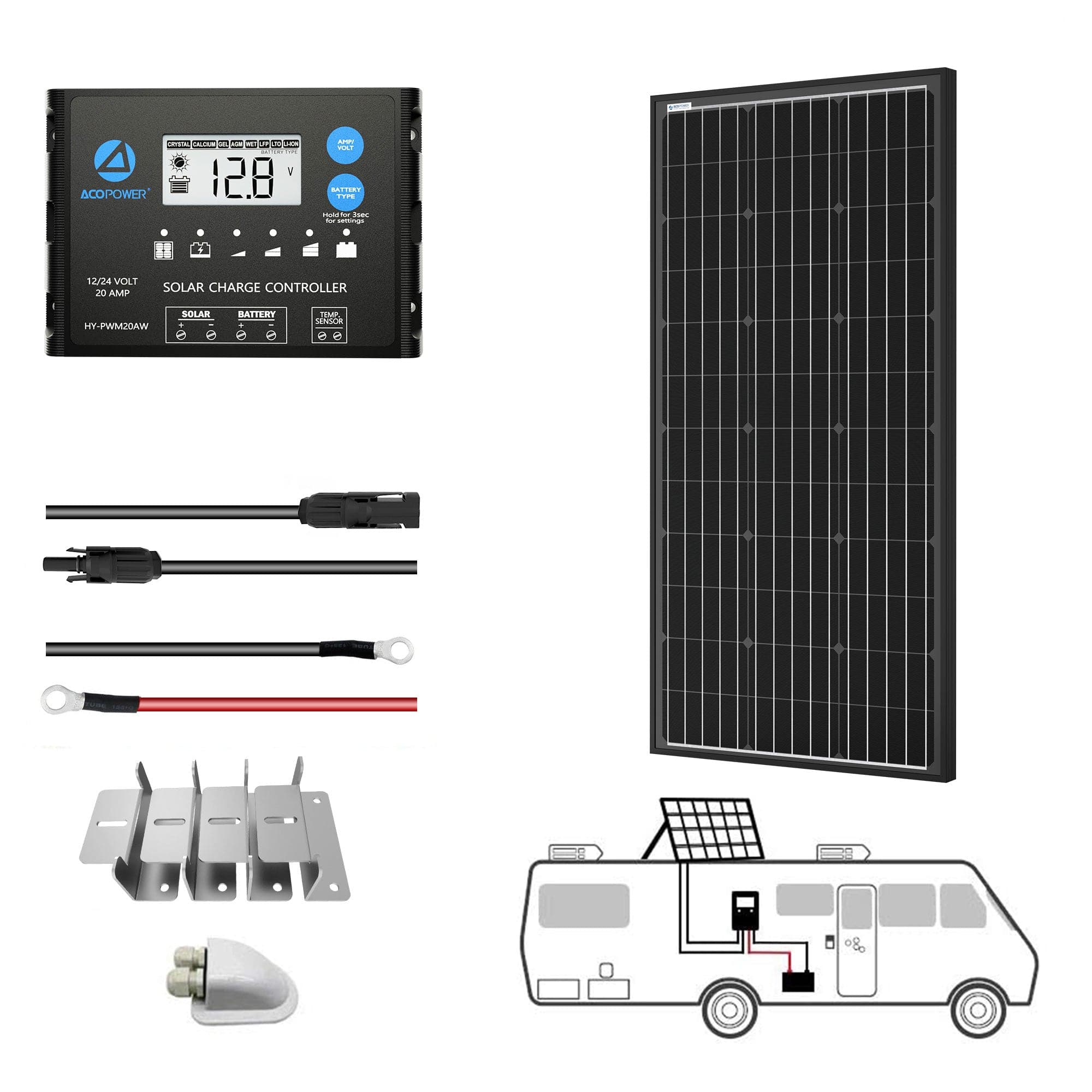 ACOPOWER 100W 12V Mono Solar RV Kits, 20A PWM Charge Controller Solar Kits Acopower