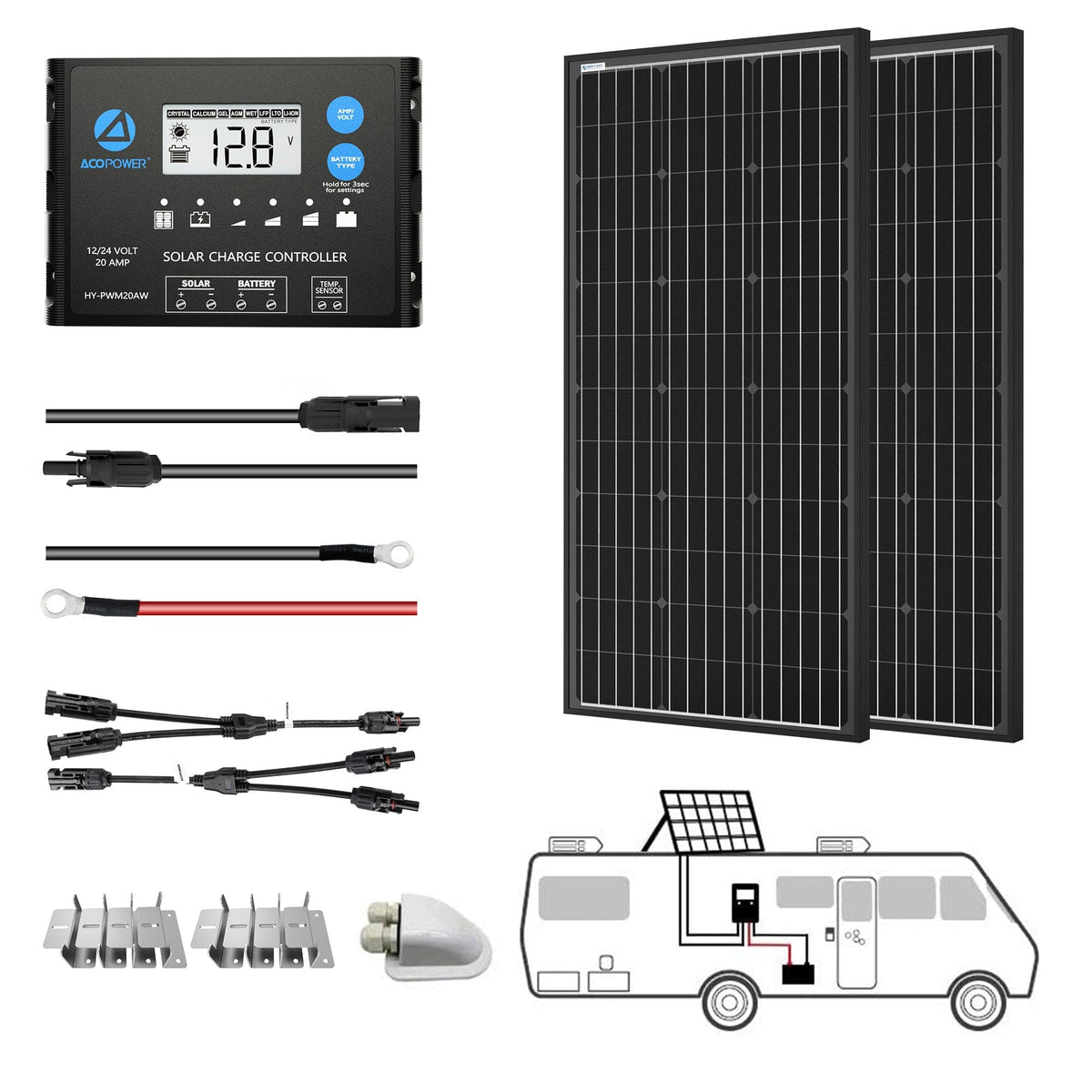 ACOPOWER 12V/24V 200W Mono Solar RV Kits, 20A PWM Charge Controller (2x100w 20A) Solar Kits Acopower