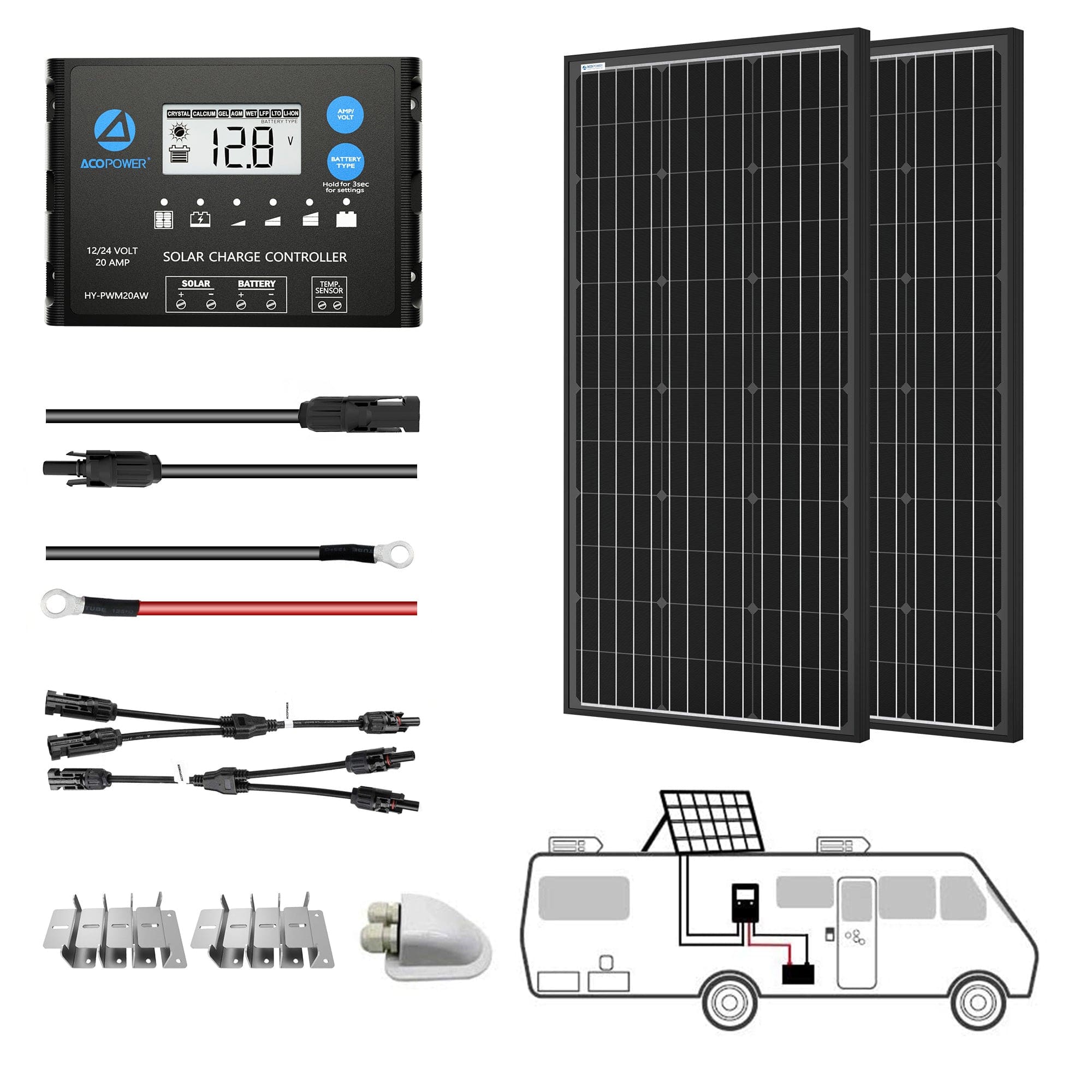 ACOPOWER 12V/24V 200W Mono Solar RV Kits, 20A PWM Charge Controller (2x100w 20A) Solar Kits Acopower