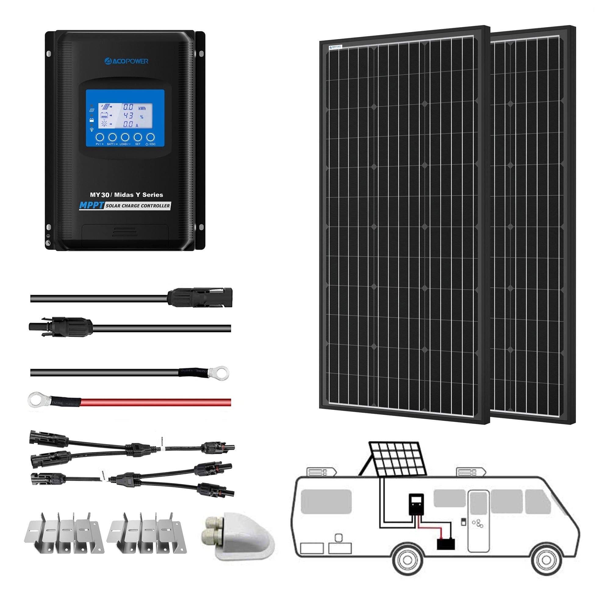 ACOPOWER 12V/24V 200W Mono Solar RV Kits, 30A MPPT Charge Controller (2x100W 30A) Solar Kits Acopower