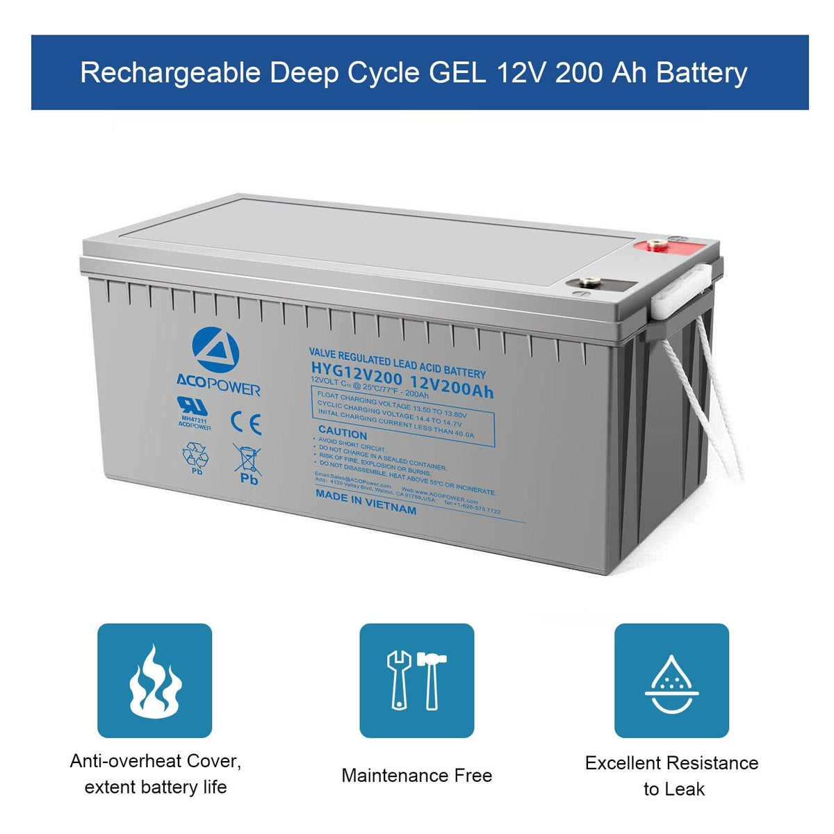 ACOPOWER HYG12-200Ah Rechargeable Gel Deep Cycle 12V 200Ah Battery Batteries Acopower