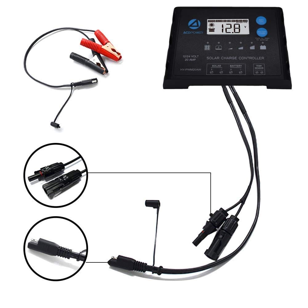 ACOPOWER 20A ProteusX Waterproof PWM Solar Charge Controller with Alligator Clips and MC4 Connectors Controllers Acopower