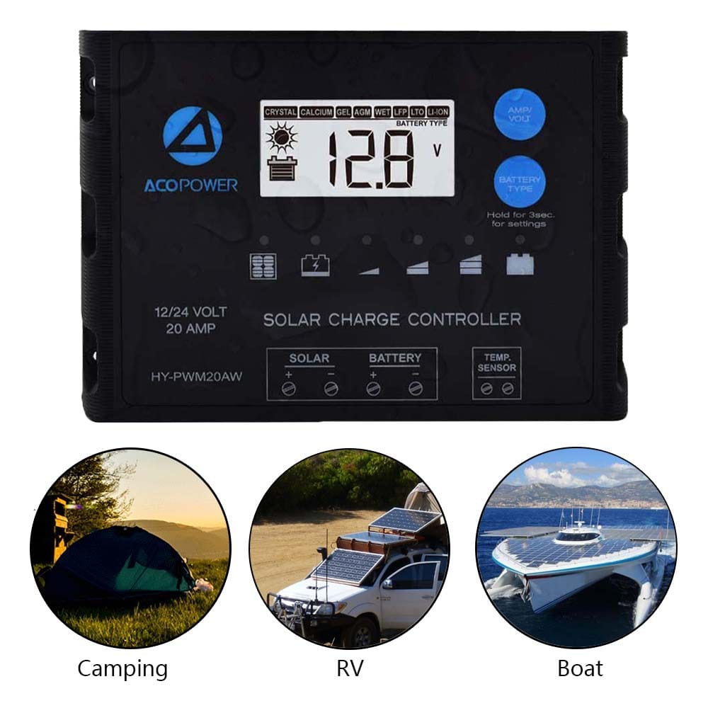 ACOPOWER 20A ProteusX Waterproof PWM Solar Charge Controller Compatible With 8 Battery Types Controllers Acopower