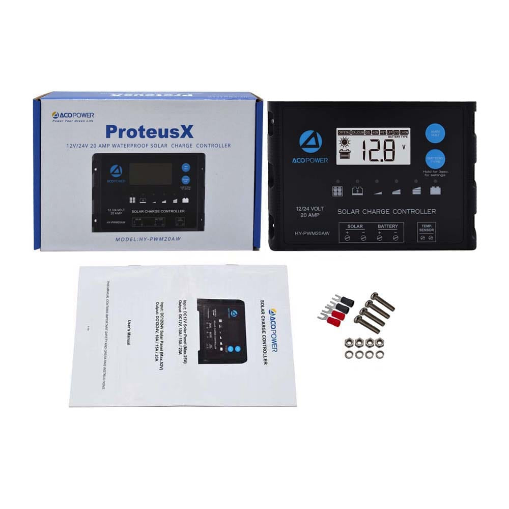 ACOPOWER 20A ProteusX Waterproof PWM Solar Charge Controller Compatible With 8 Battery Types Controllers Acopower